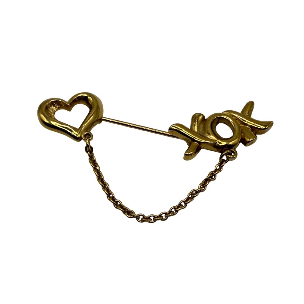 Vintage Gold Heart XOXO Sweater Pin Brooch Safety Chain Romantic 80s 90s‎ Retro